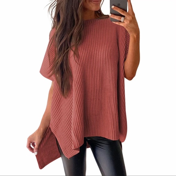 Rust color short sleeve sweater high low slit sides - Picture 1 of 7
